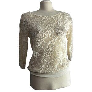 Full Tilt 3/4 Sleeve Sheer Lace Blouse Sz Large Womens Cream Crew Neck